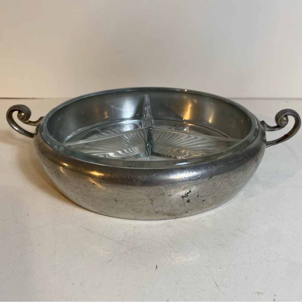 Vintage Pilgrim Solid Pewter With Heavy Glass Divided Insert Pilgrim Stamp
